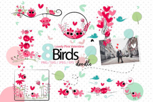 Lovely Pink Valentine Doodle Birds Graphics and Illustrations